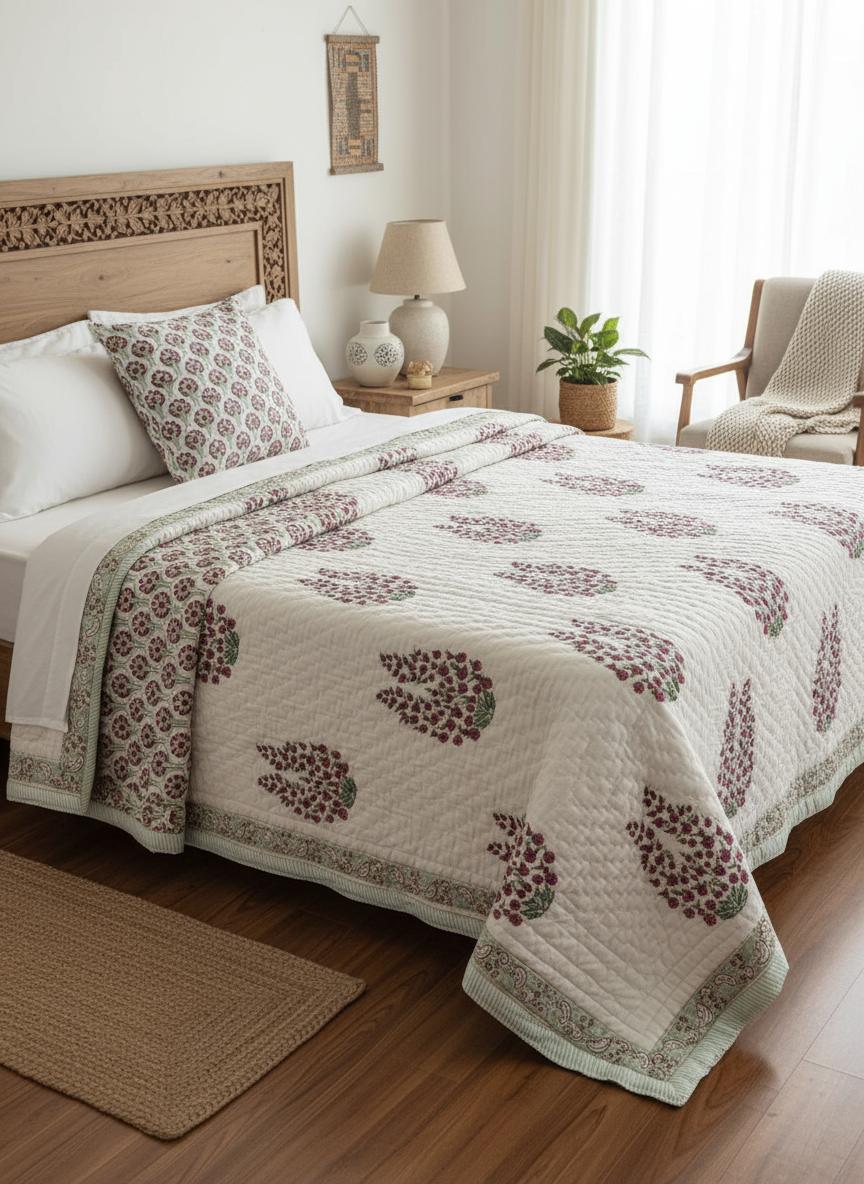 HandcraftedFloralBlockPrintCottonQuilt